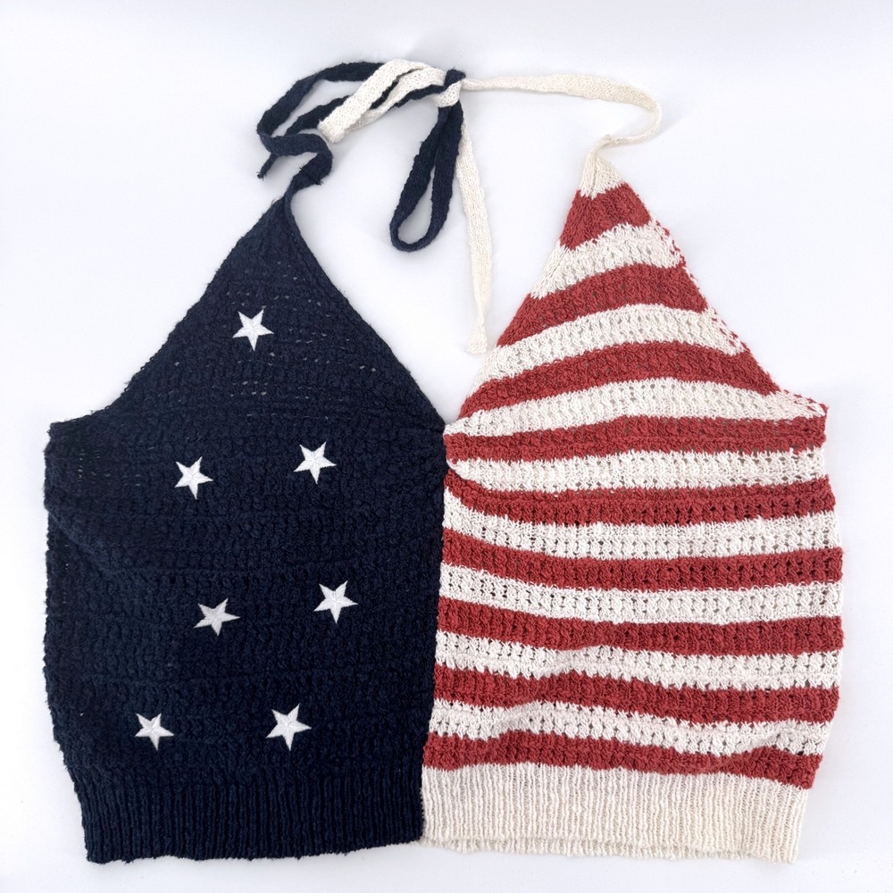 American Eagle Halter Top Patriotic XL Red White Blue Stars Stripes Crochet Knit